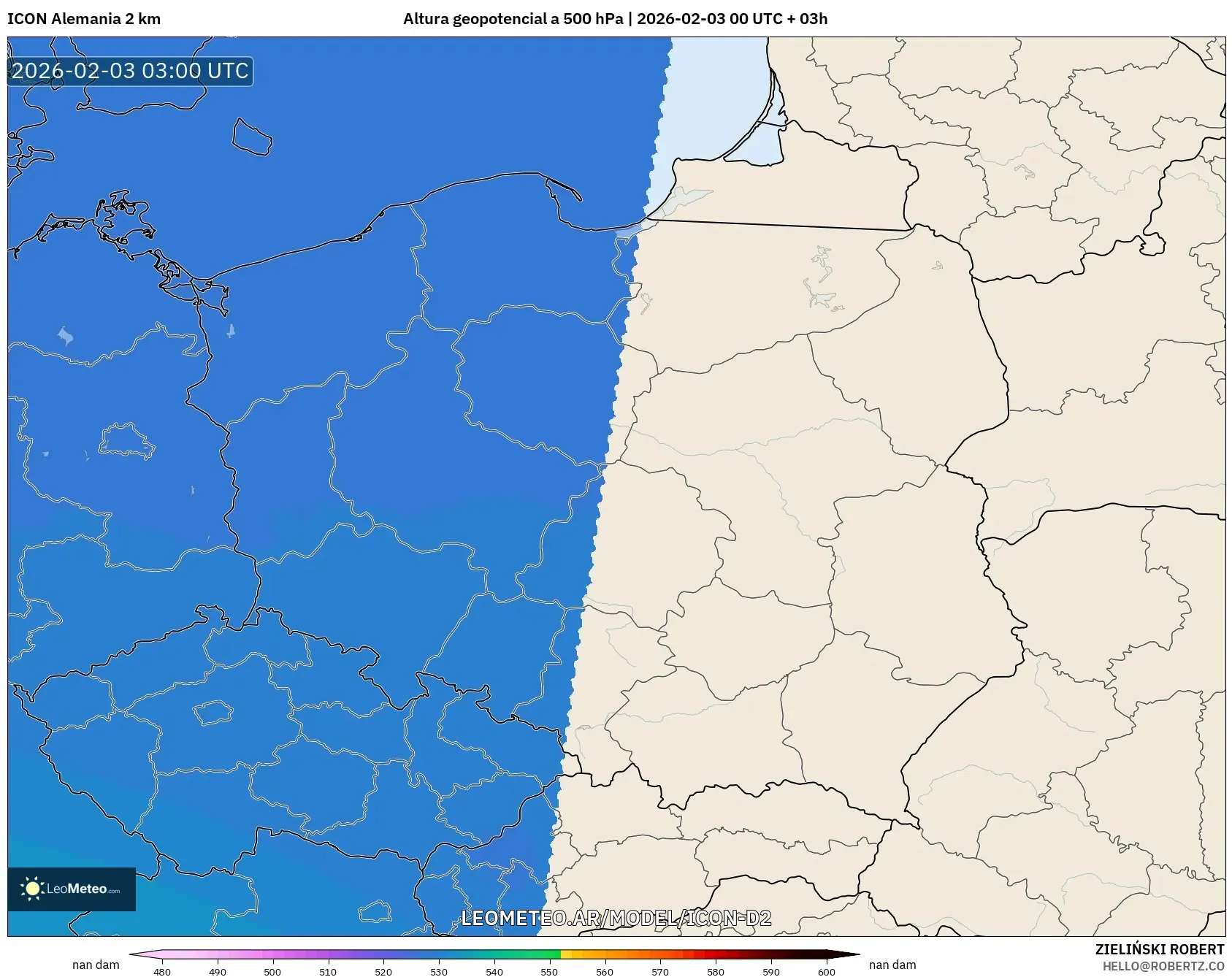ICON Alemania 2 km model - Polonia, Altura geopotencial a 500 hPa