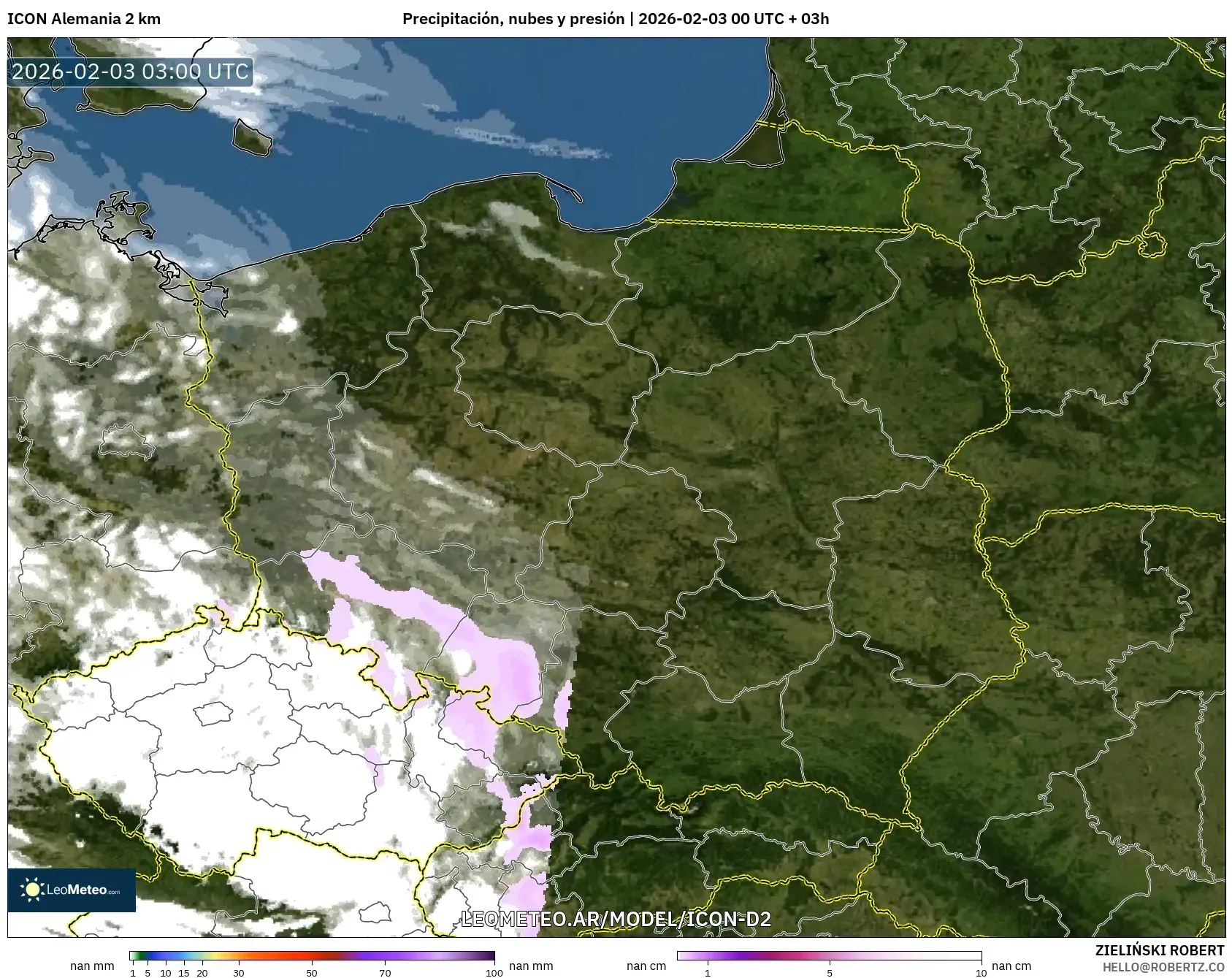 ICON Alemania 2 km model - Polonia, Precipitación, nubes y presión