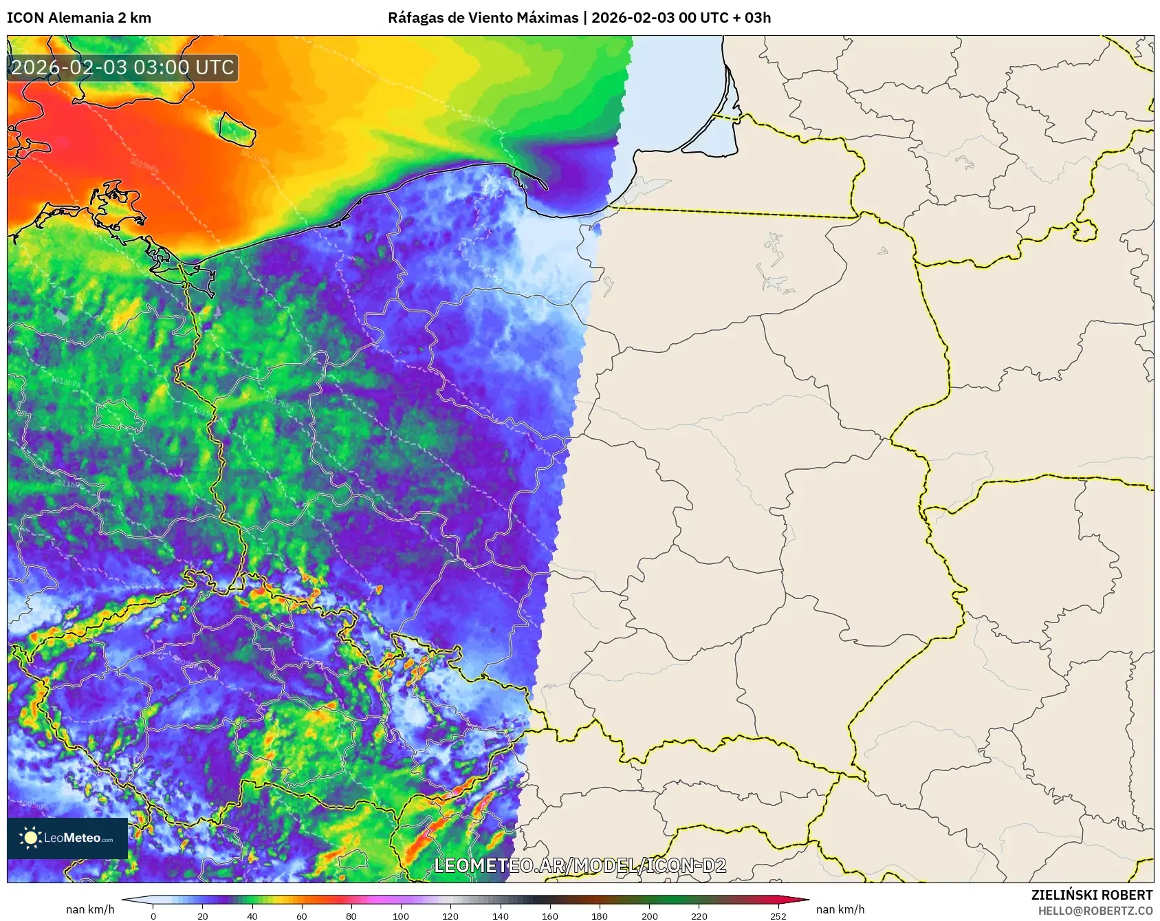 ICON Alemania 2 km model - Polonia, Ráfagas de Viento Máximas
