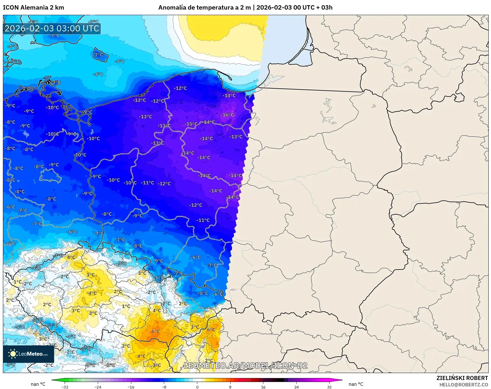 ICON Alemania 2 km model - Polonia, Anomalía de temperatura a 2 m