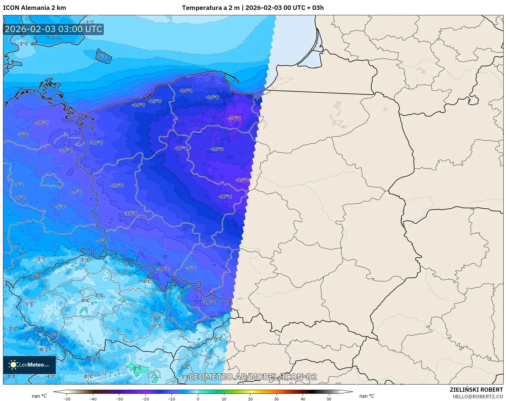 ICON Alemania 2 km model - Polonia, Temperatura a 2 m