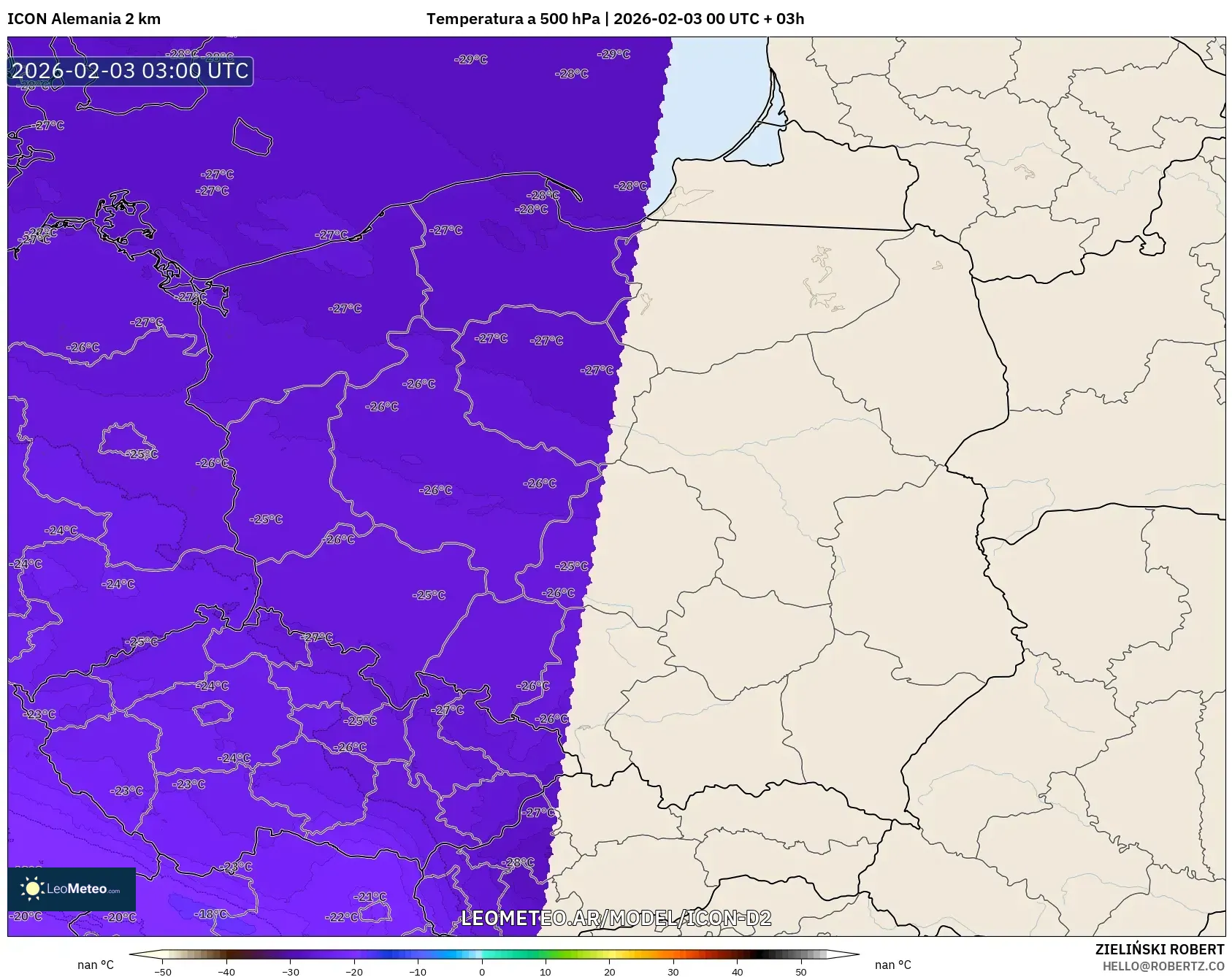 ICON Alemania 2 km model - Polonia, Temperatura a 500 hPa