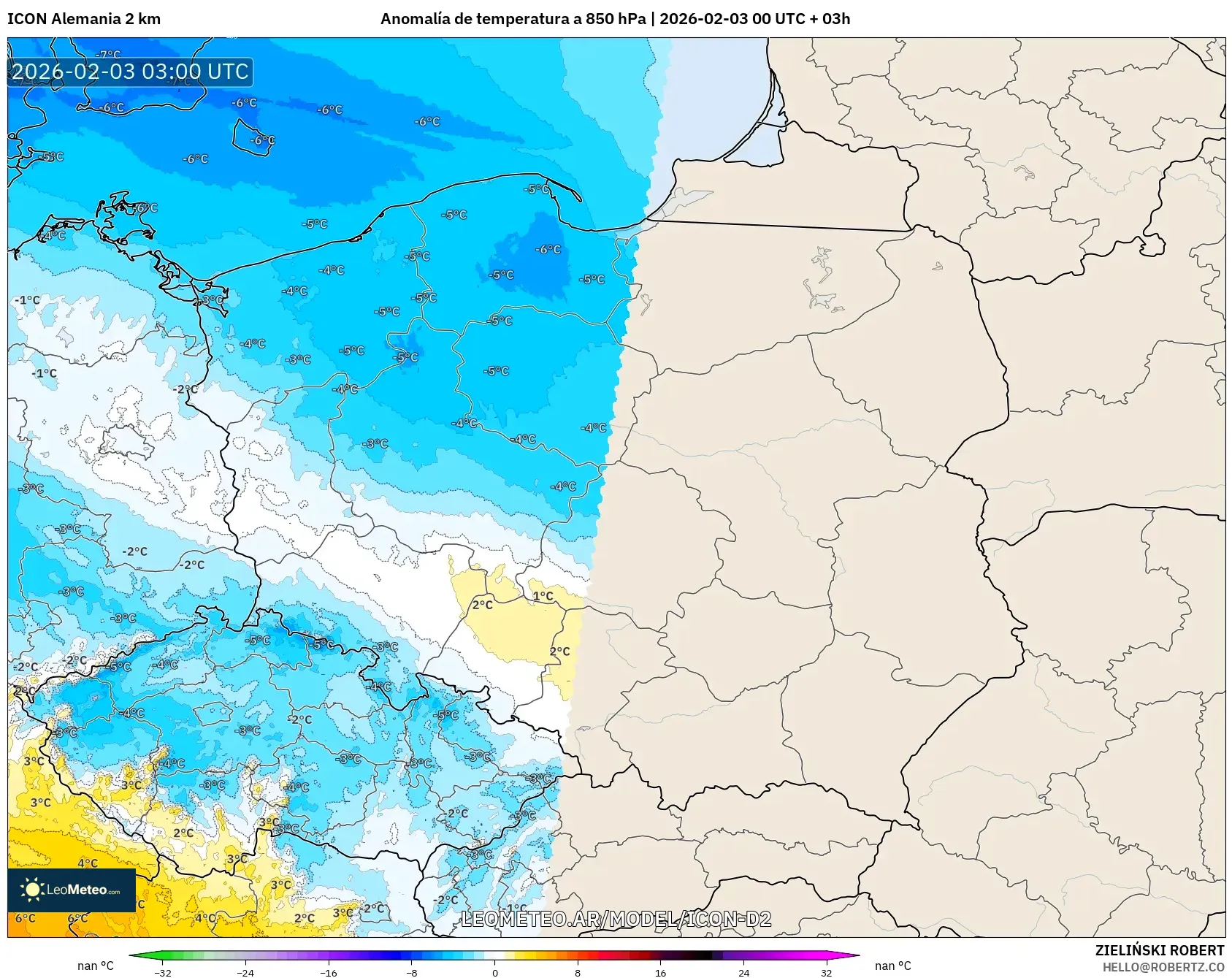 ICON Alemania 2 km model - Polonia, Anomalía de temperatura a 850 hPa