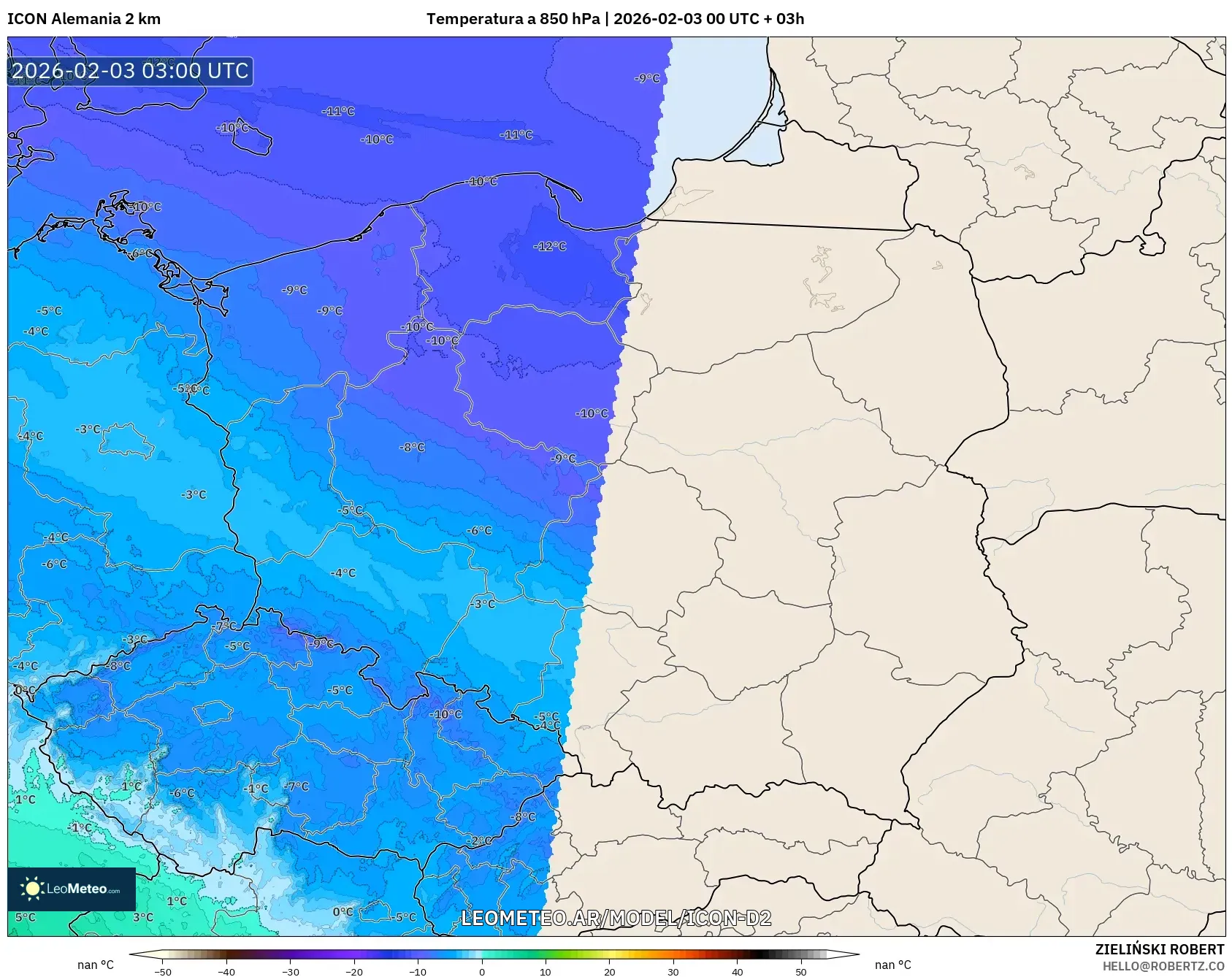 ICON Alemania 2 km model - Polonia, Temperatura a 850 hPa
