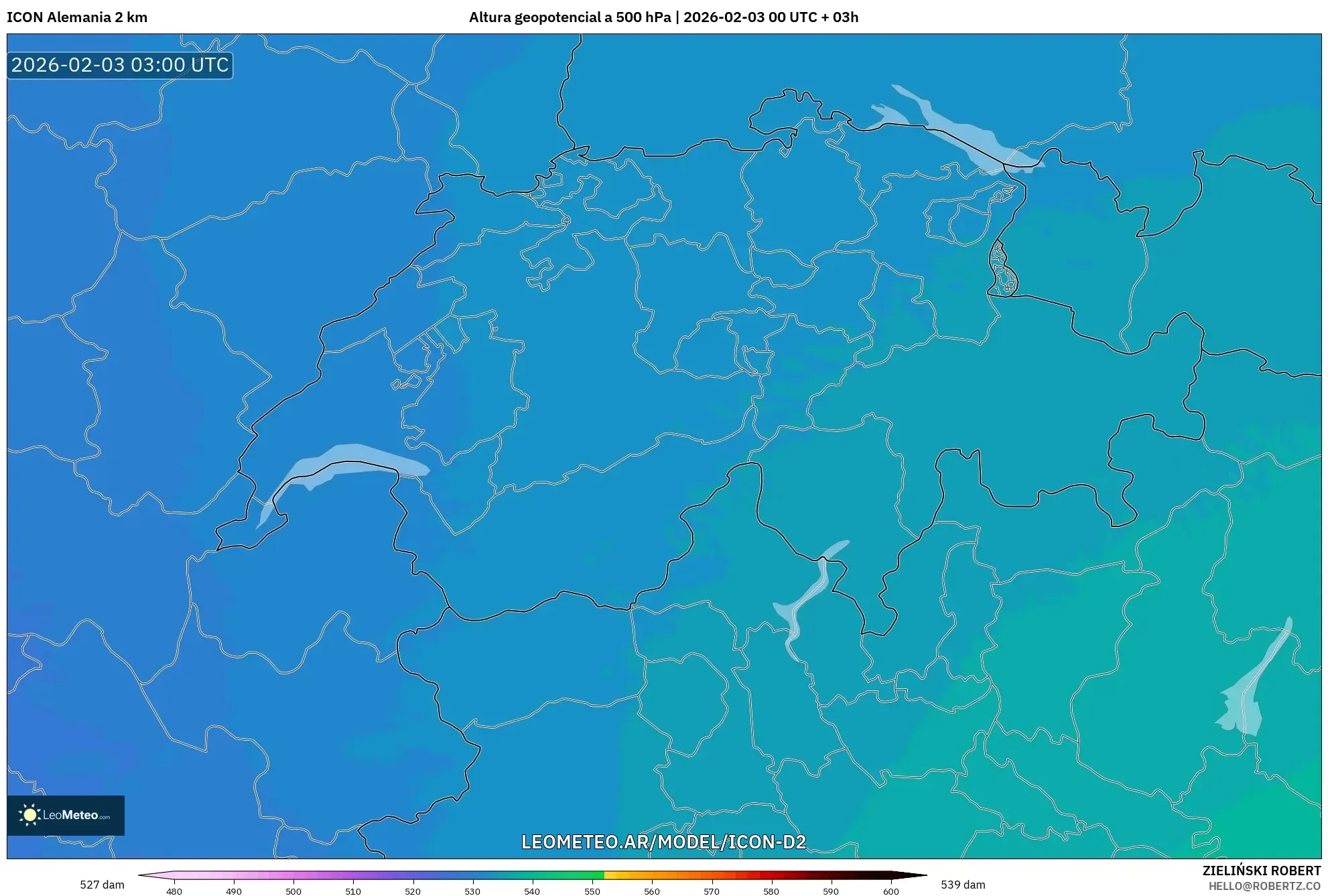 ICON Alemania 2 km model - Suiza, Altura geopotencial a 500 hPa