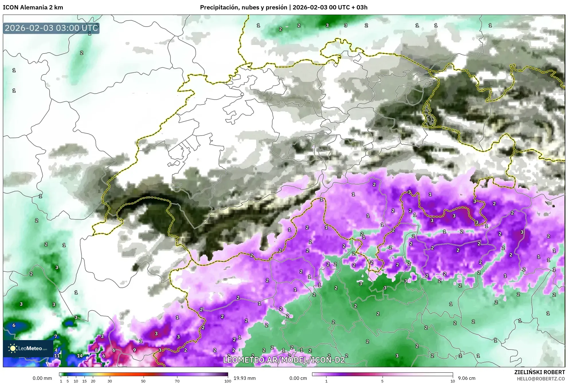 ICON Alemania 2 km model - Suiza, Precipitación, nubes y presión