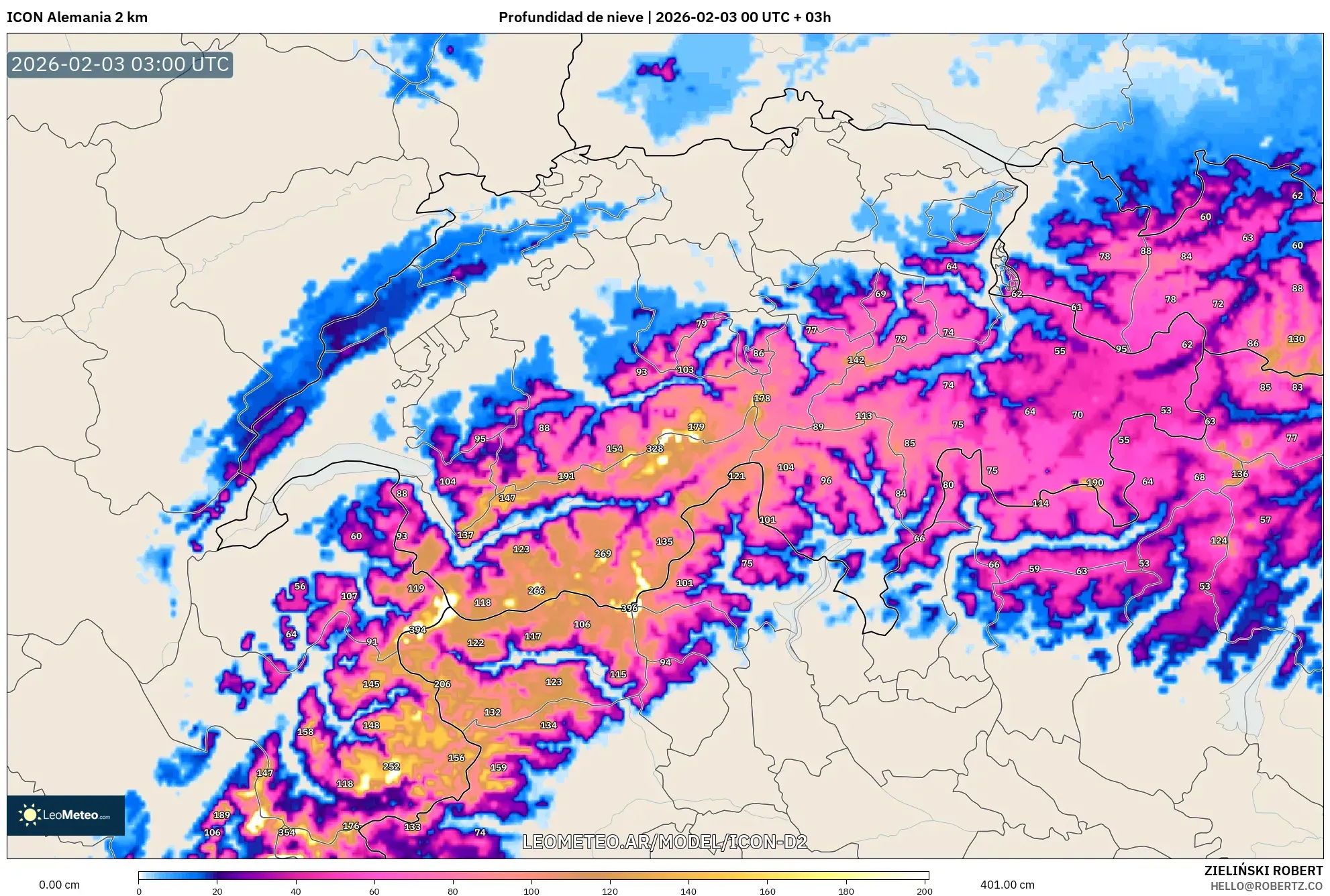 ICON Alemania 2 km model - Suiza, Profundidad de nieve