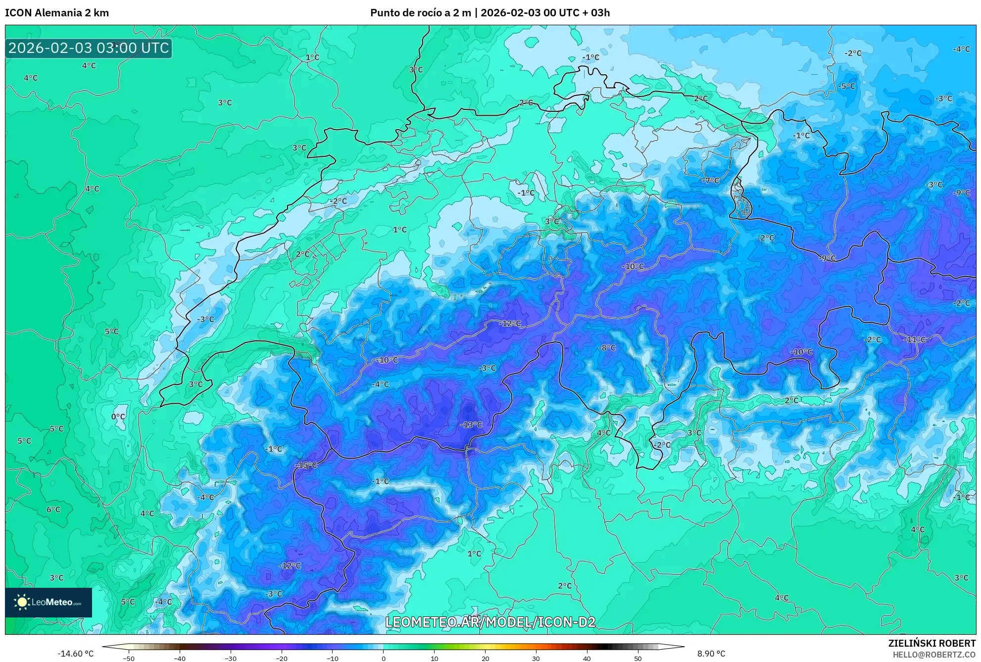ICON Alemania 2 km model - Suiza, Punto de rocío a 2 m