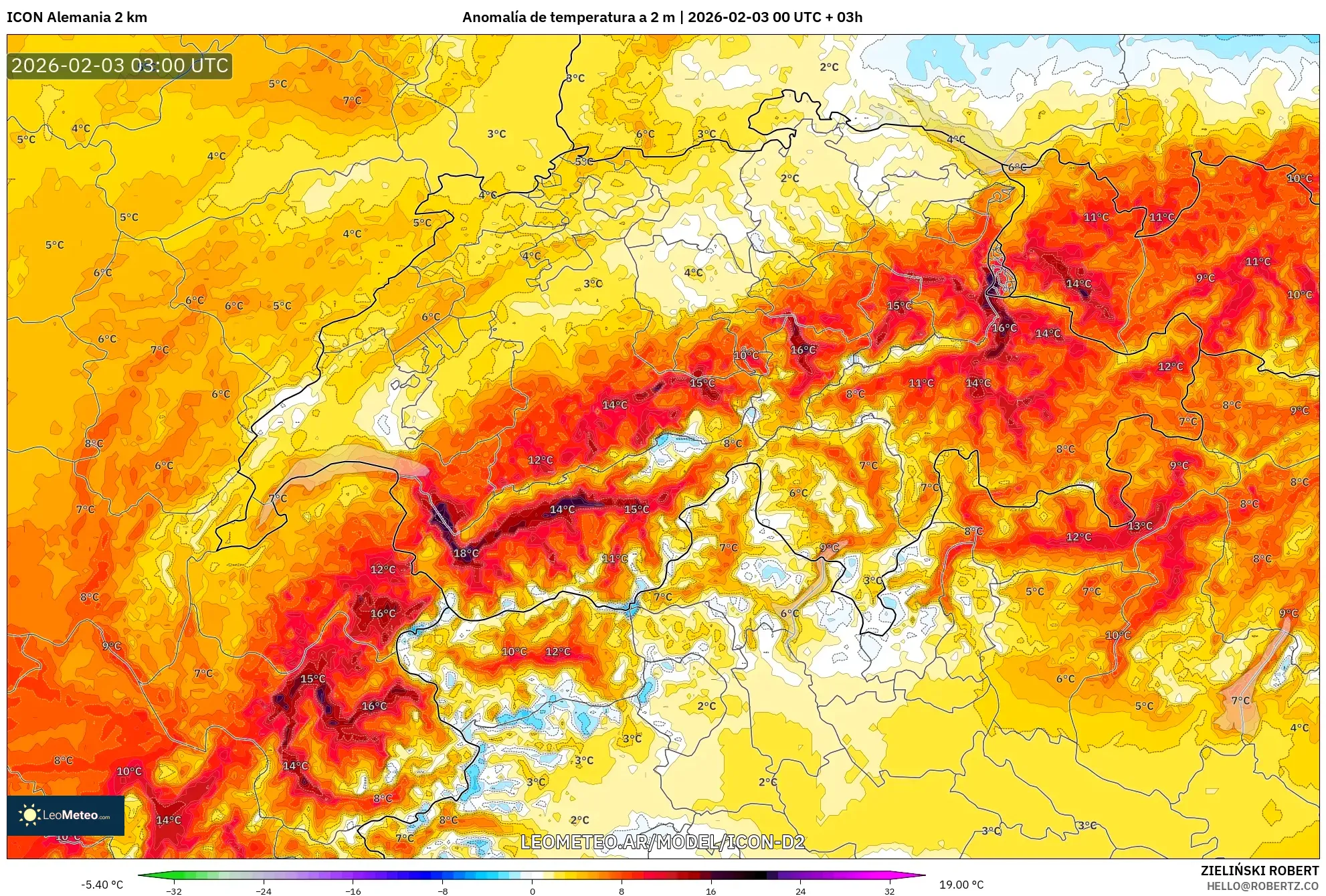 ICON Alemania 2 km model - Suiza, Anomalía de temperatura a 2 m