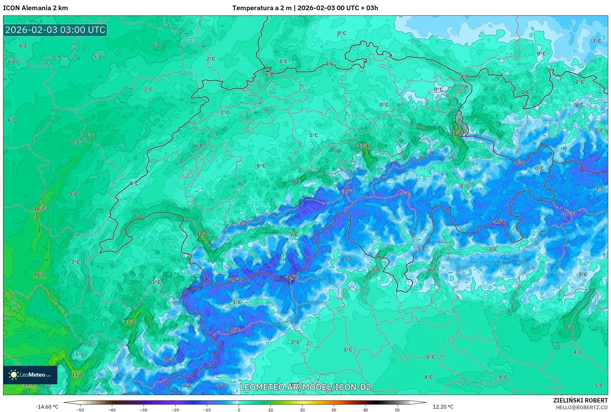 ICON Alemania 2 km model - Suiza, Temperatura a 2 m