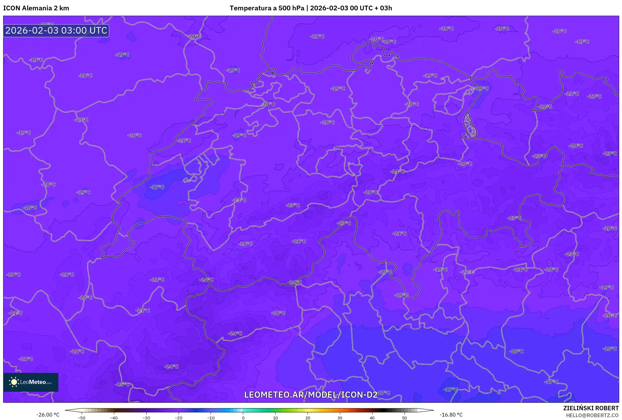 ICON Alemania 2 km model - Suiza, Temperatura a 500 hPa