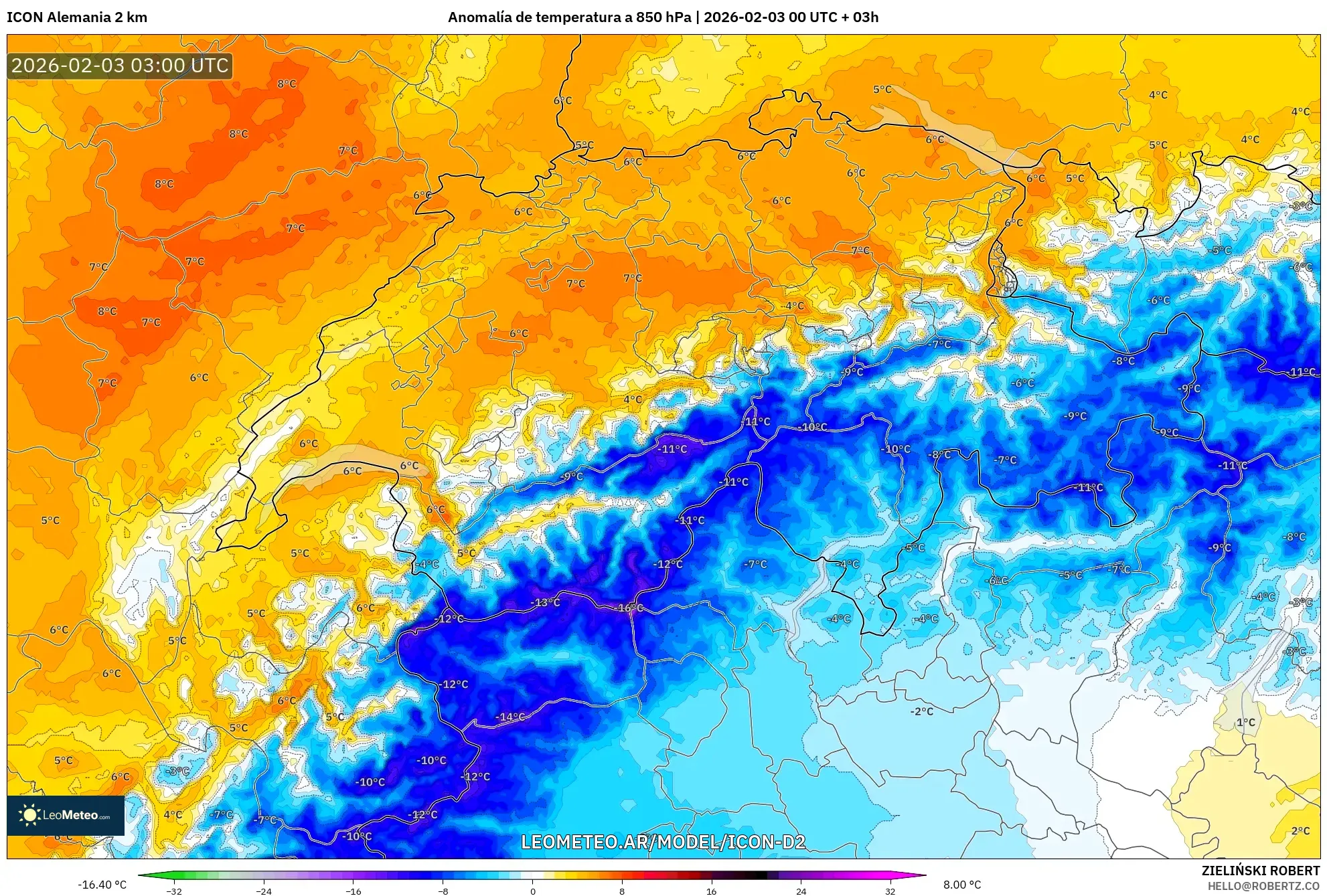 ICON Alemania 2 km model - Suiza, Anomalía de temperatura a 850 hPa