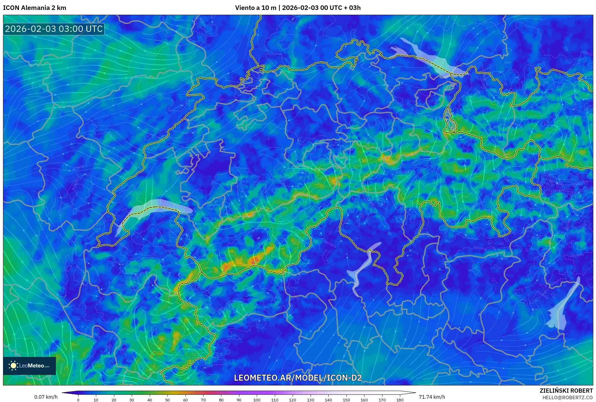 ICON Alemania 2 km model - Suiza, Viento a 10 m