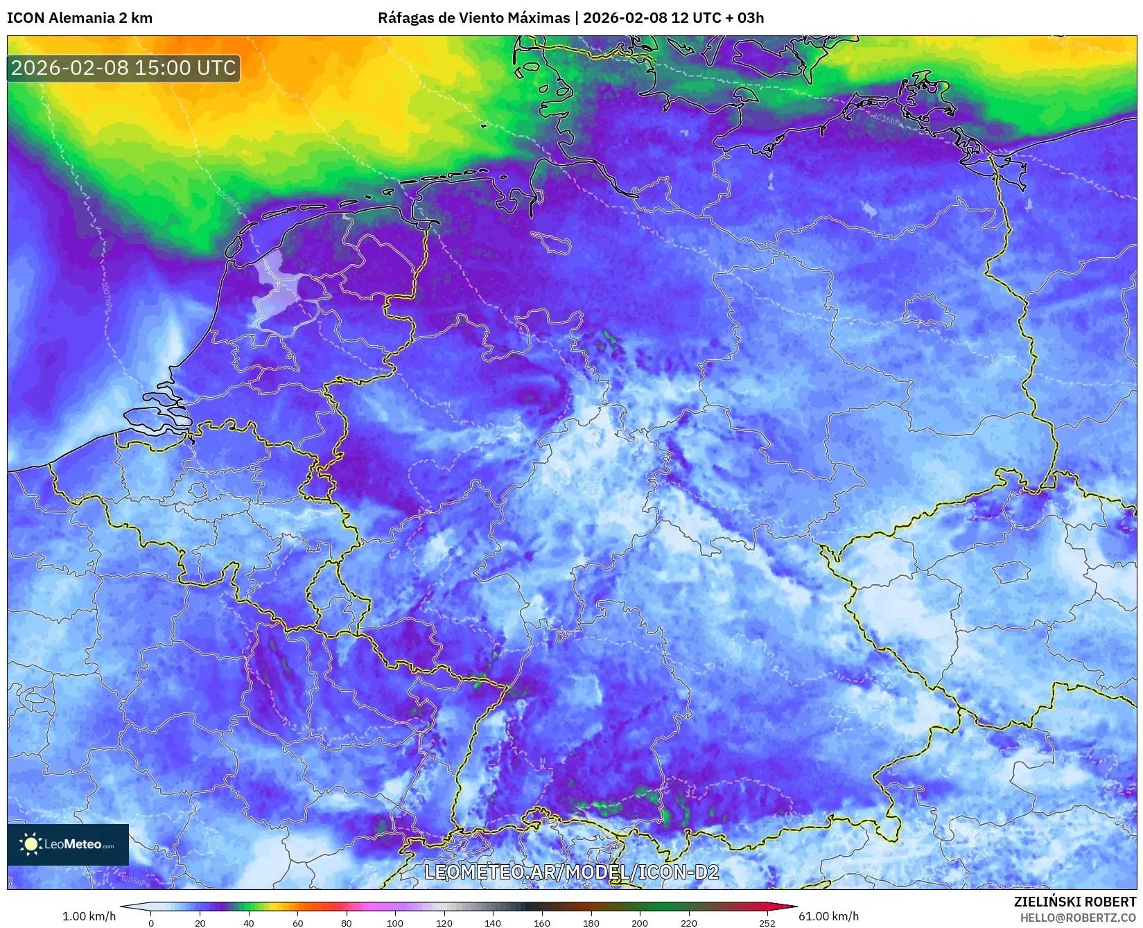 ICON Alemania 2 km model - Alemania, Ráfagas de Viento Máximas