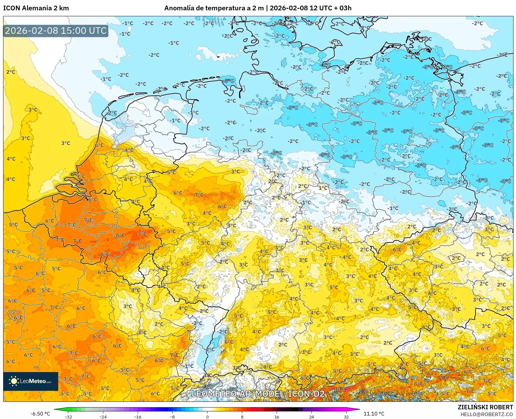 ICON Alemania 2 km model - Alemania, Anomalía de temperatura a 2 m