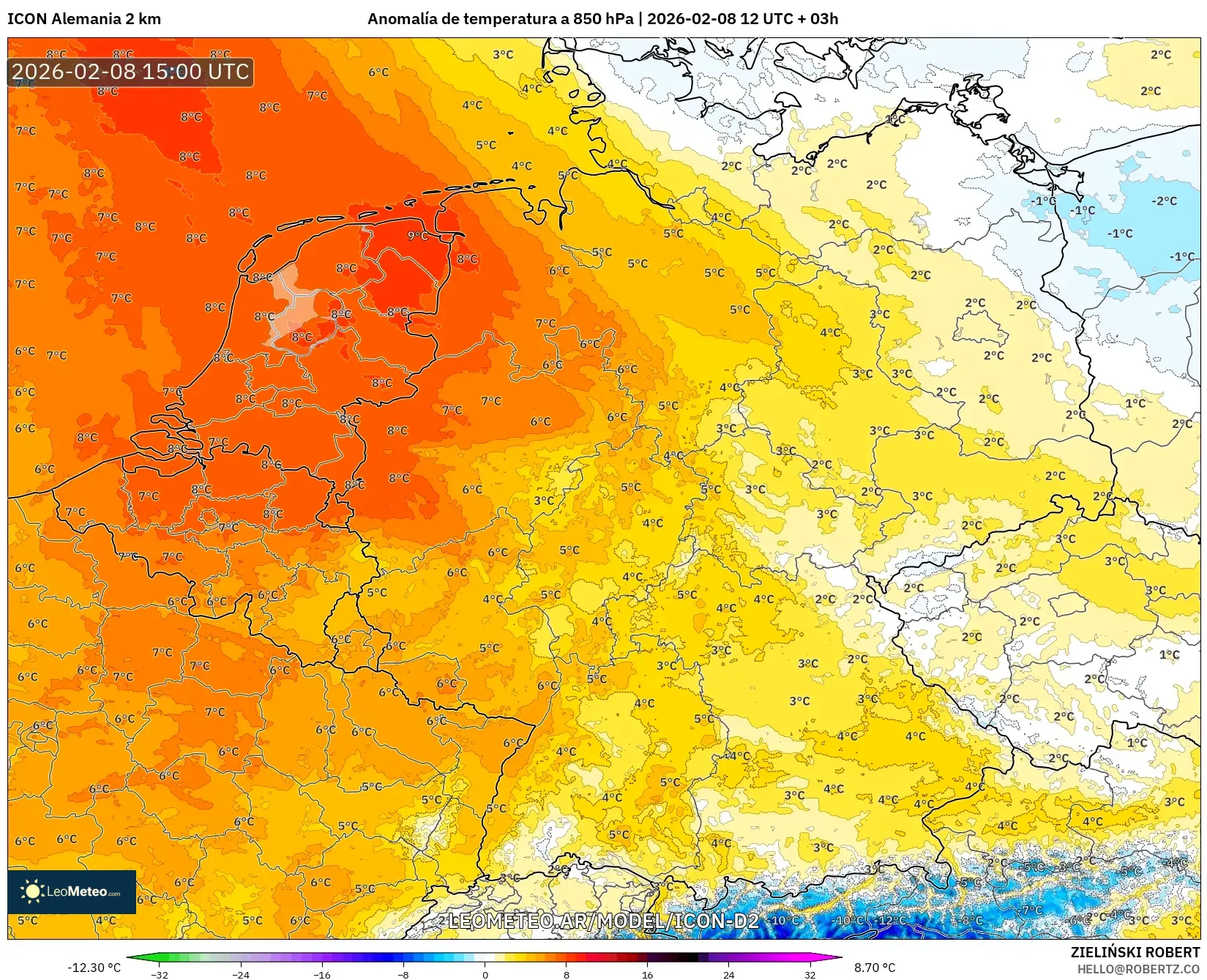 ICON Alemania 2 km model - Alemania, Anomalía de temperatura a 850 hPa
