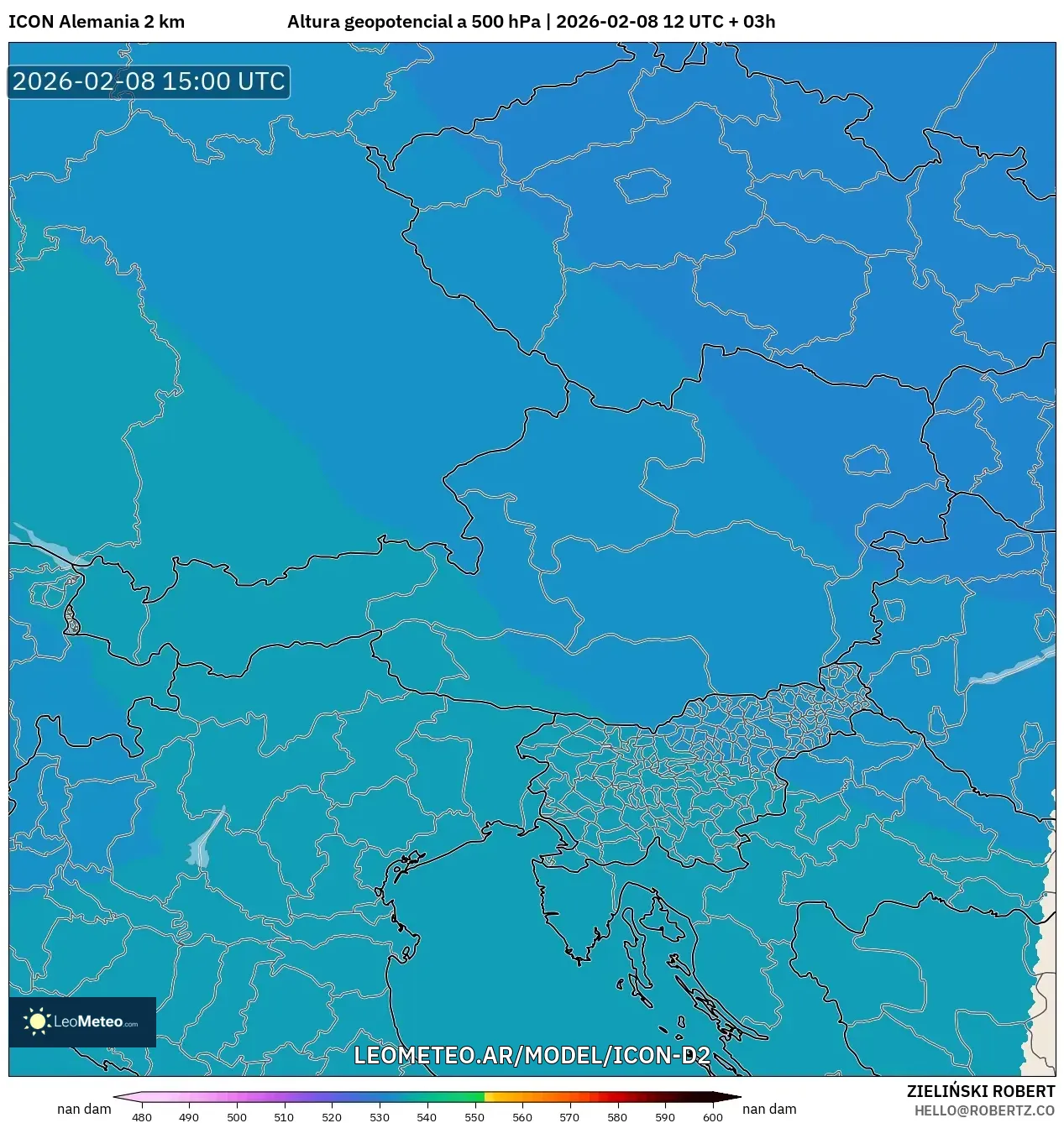 ICON Alemania 2 km model - Austria, Altura geopotencial a 500 hPa