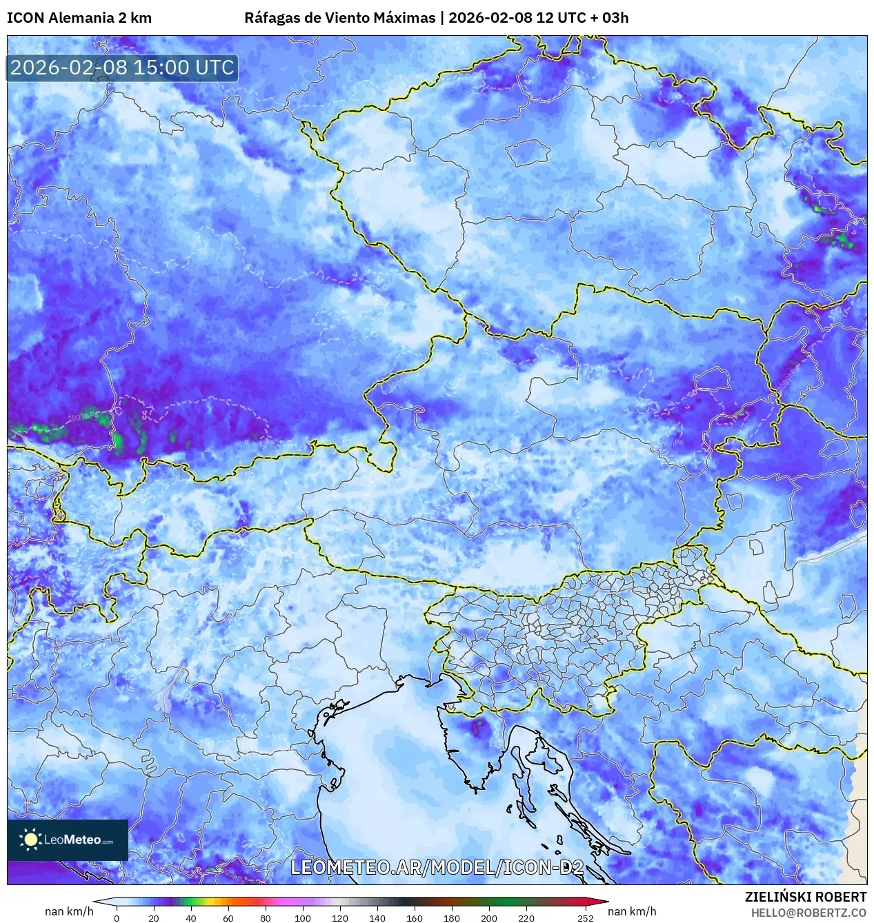 ICON Alemania 2 km model - Austria, Ráfagas de Viento Máximas