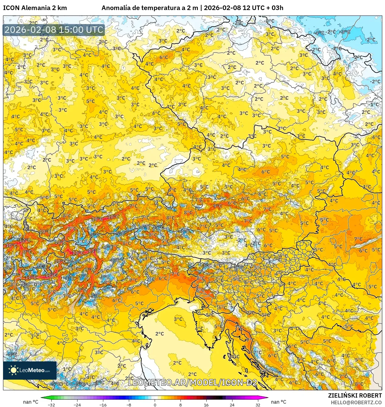 ICON Alemania 2 km model - Austria, Anomalía de temperatura a 2 m