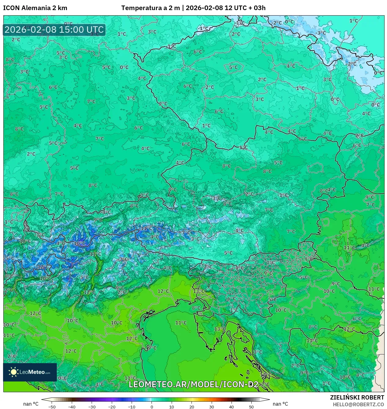 ICON Alemania 2 km model - Austria, Temperatura a 2 m
