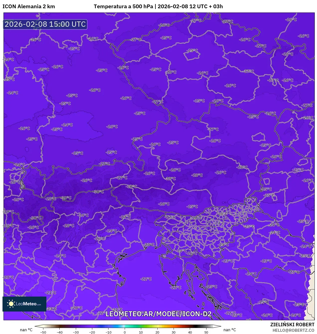 ICON Alemania 2 km model - Austria, Temperatura a 500 hPa