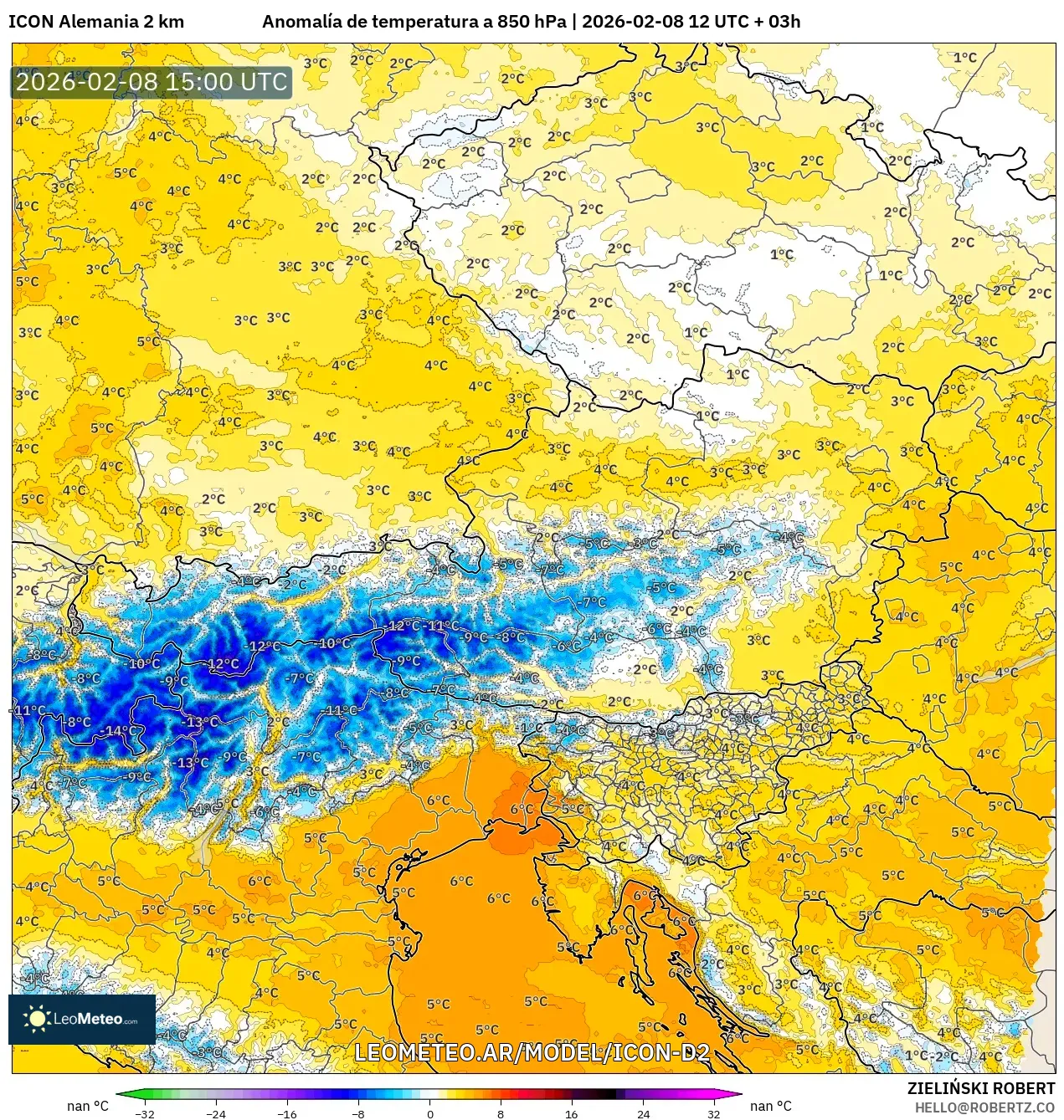 ICON Alemania 2 km model - Austria, Anomalía de temperatura a 850 hPa
