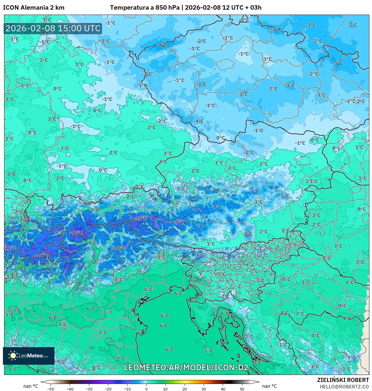 ICON Alemania 2 km model - Austria, Temperatura a 850 hPa