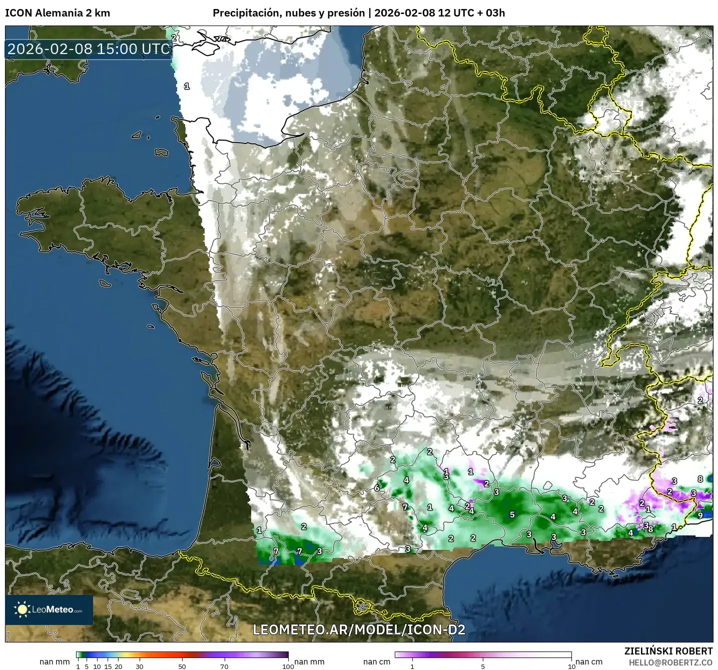 ICON Alemania 2 km model - Francia, Precipitación, nubes y presión