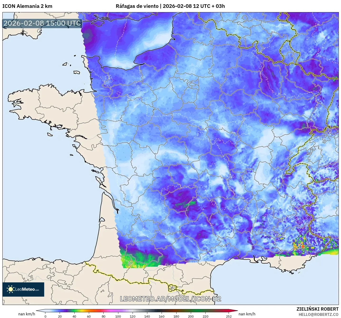 ICON Alemania 2 km model - Francia, Ráfagas de viento