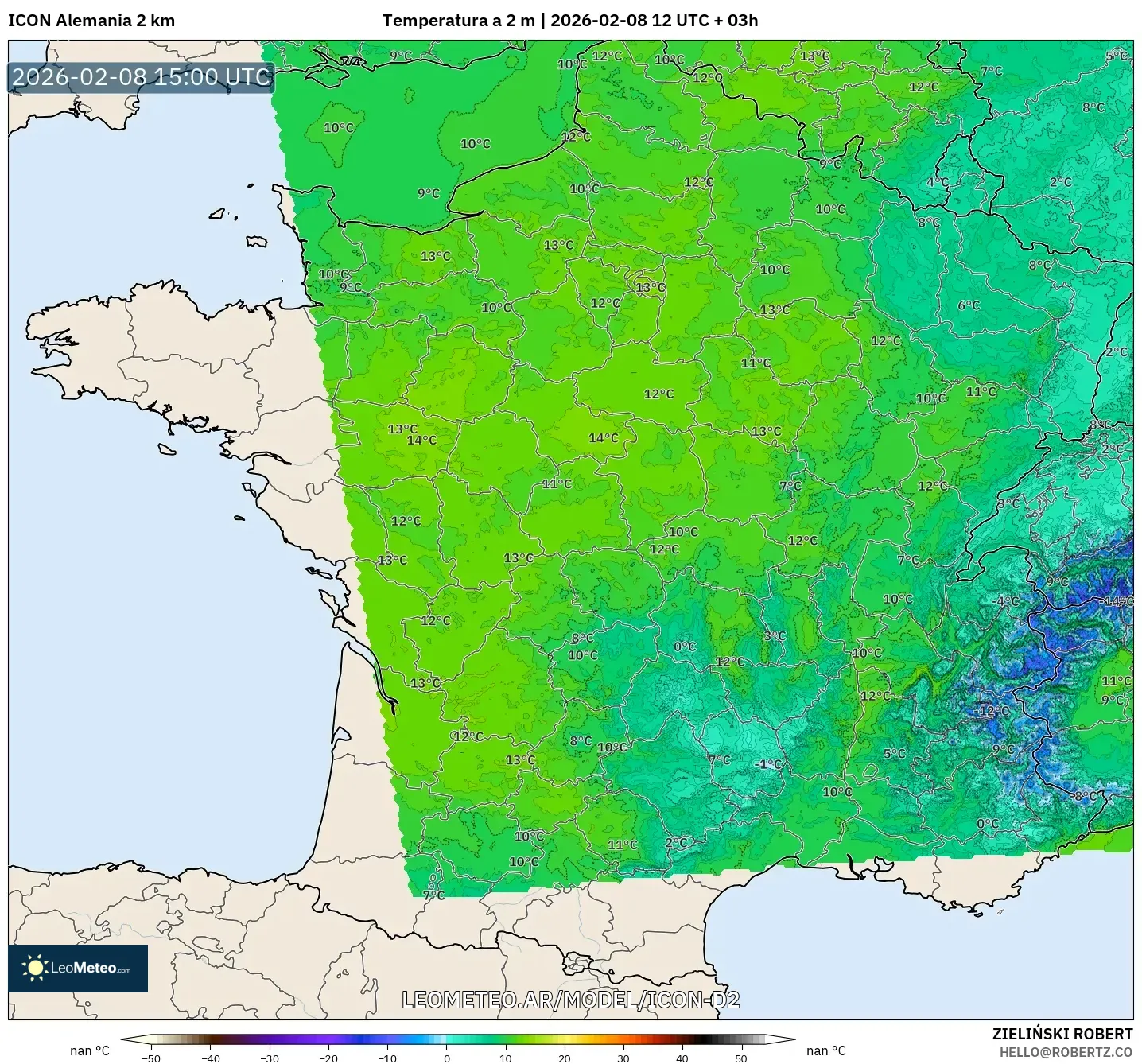 ICON Alemania 2 km model - Francia, Temperatura a 2 m