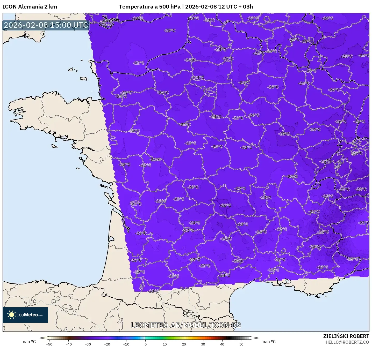 ICON Alemania 2 km model - Francia, Temperatura a 500 hPa