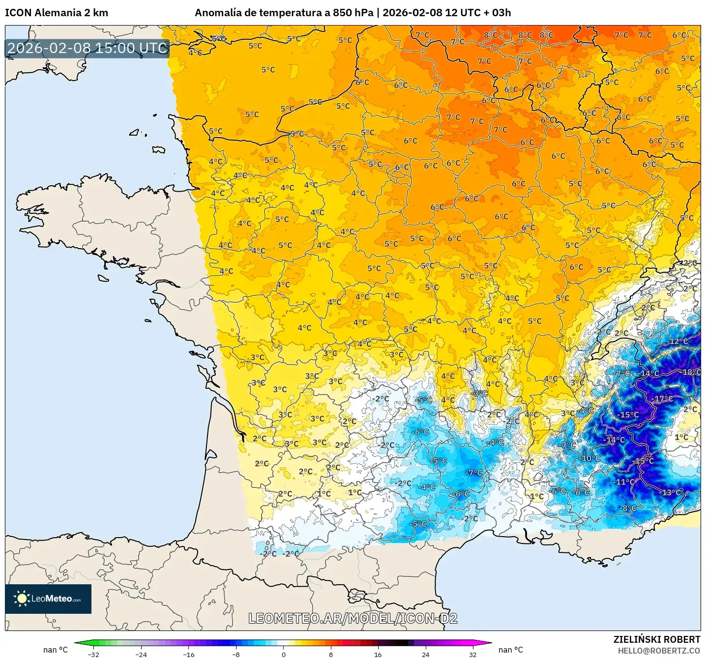 ICON Alemania 2 km model - Francia, Anomalía de temperatura a 850 hPa