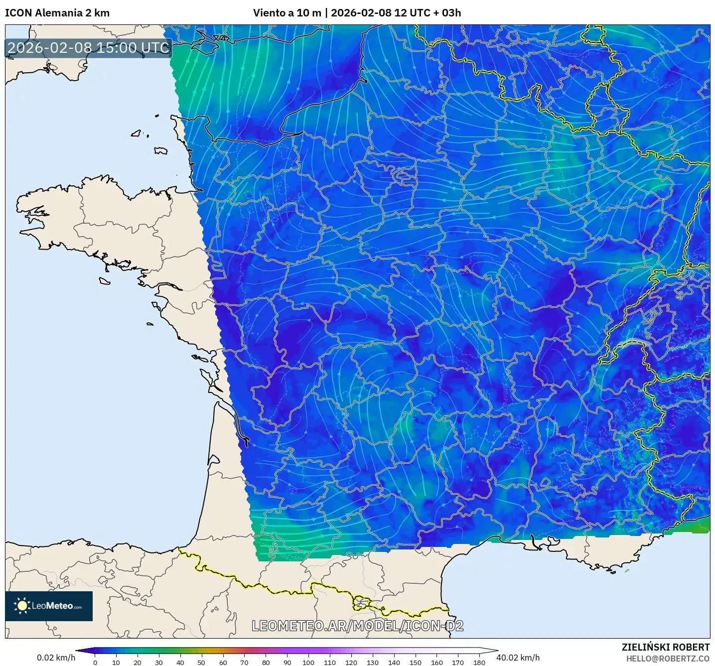 ICON Alemania 2 km model - Francia, Viento a 10 m
