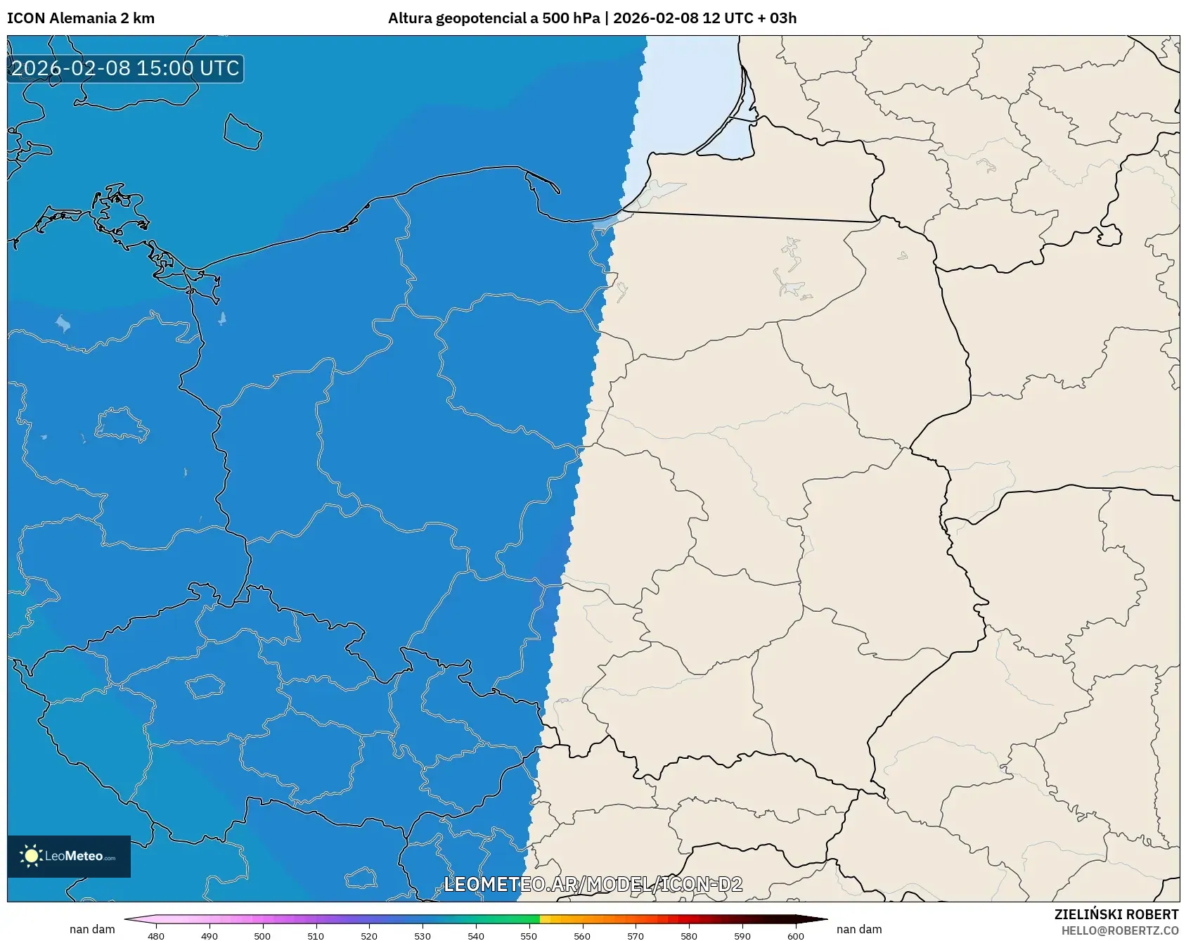 ICON Alemania 2 km model - Polonia, Altura geopotencial a 500 hPa