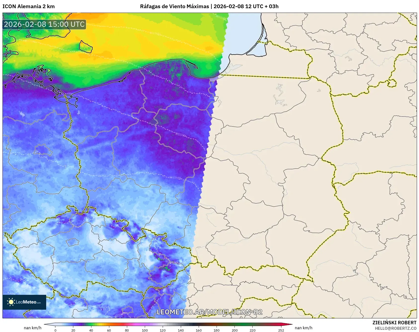 ICON Alemania 2 km model - Polonia, Ráfagas de Viento Máximas