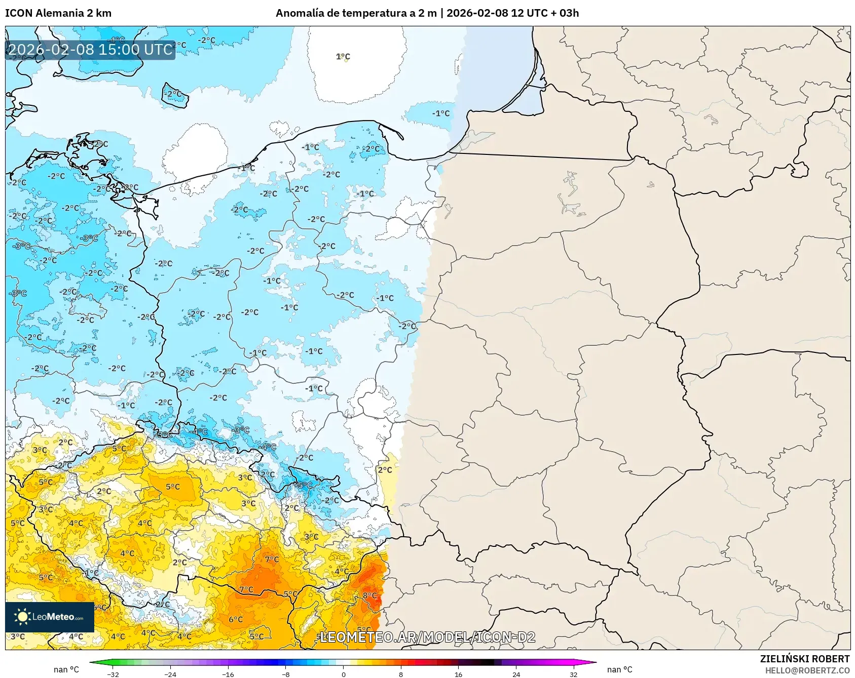 ICON Alemania 2 km model - Polonia, Anomalía de temperatura a 2 m