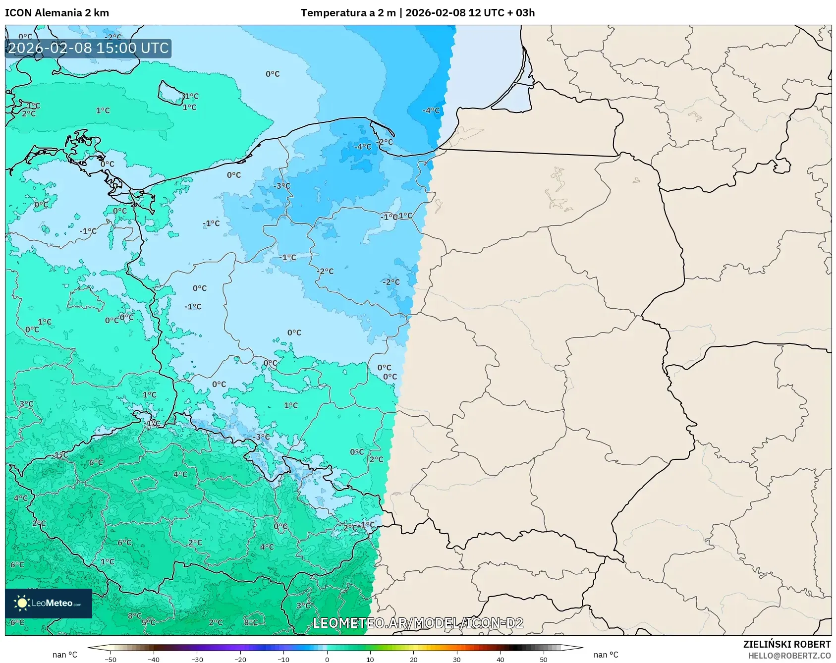 ICON Alemania 2 km model - Polonia, Temperatura a 2 m