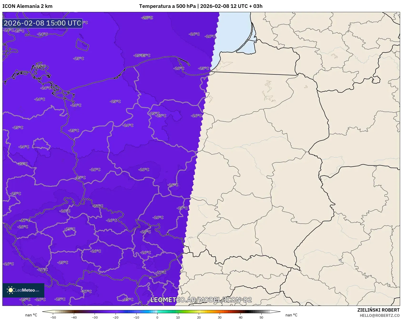 ICON Alemania 2 km model - Polonia, Temperatura a 500 hPa