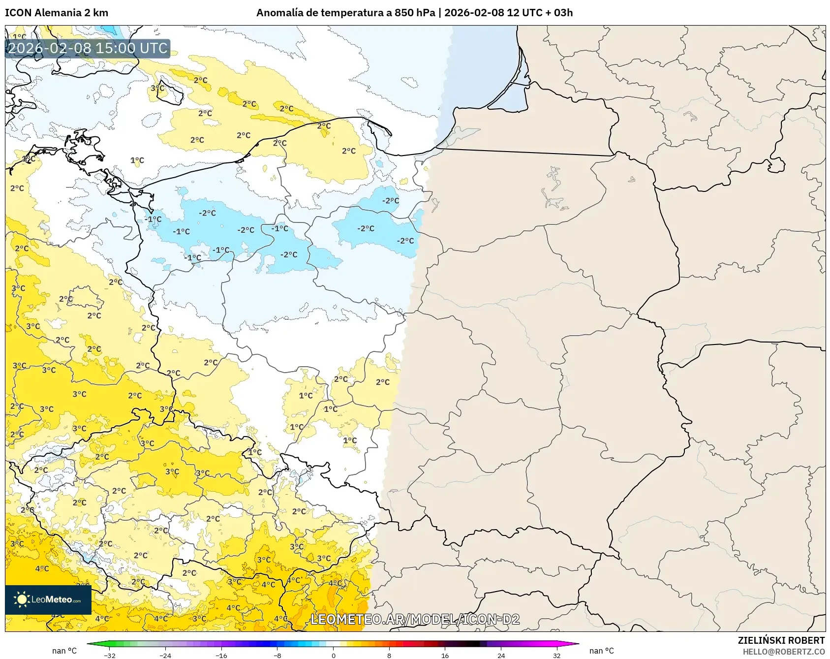 ICON Alemania 2 km model - Polonia, Anomalía de temperatura a 850 hPa