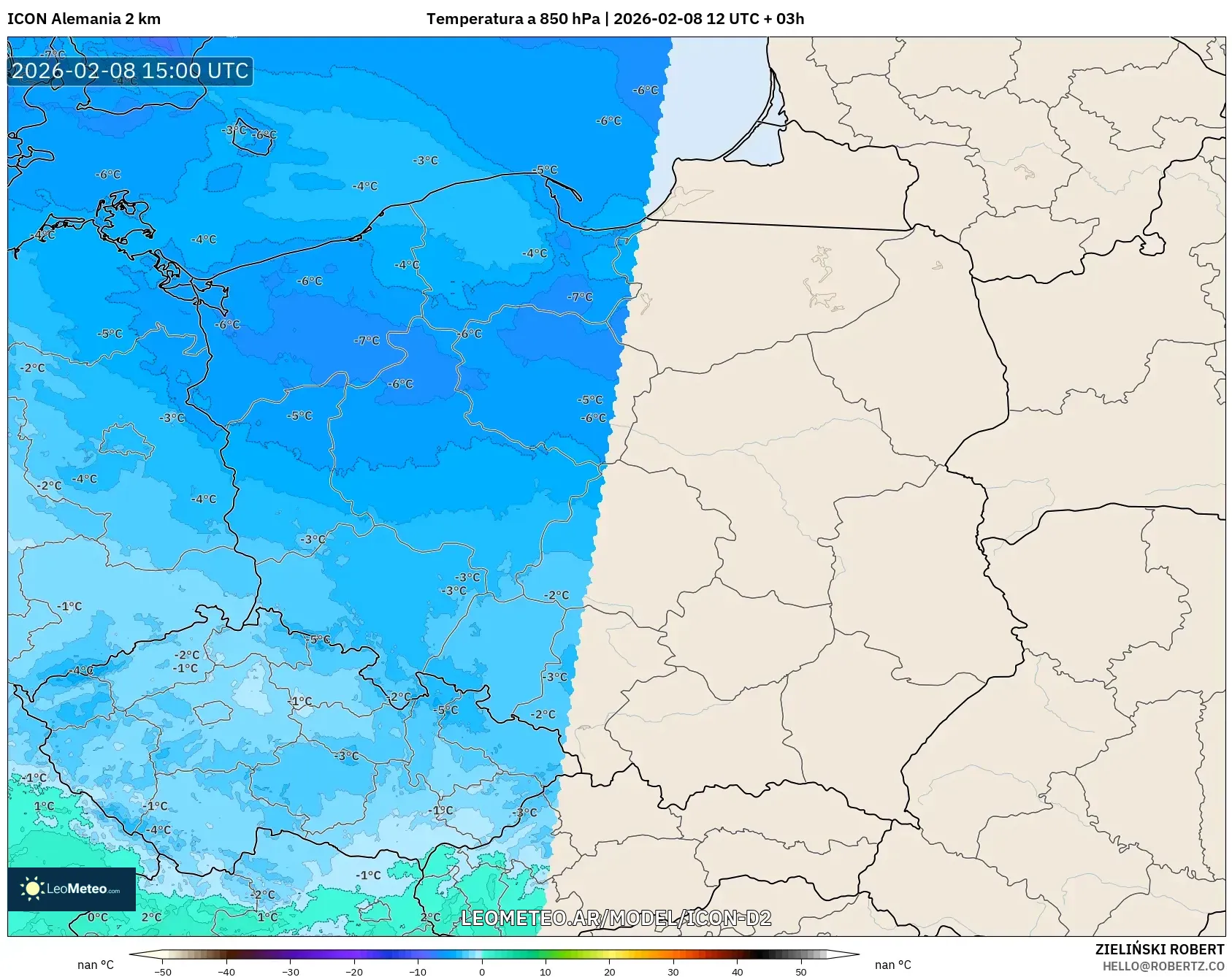 ICON Alemania 2 km model - Polonia, Temperatura a 850 hPa