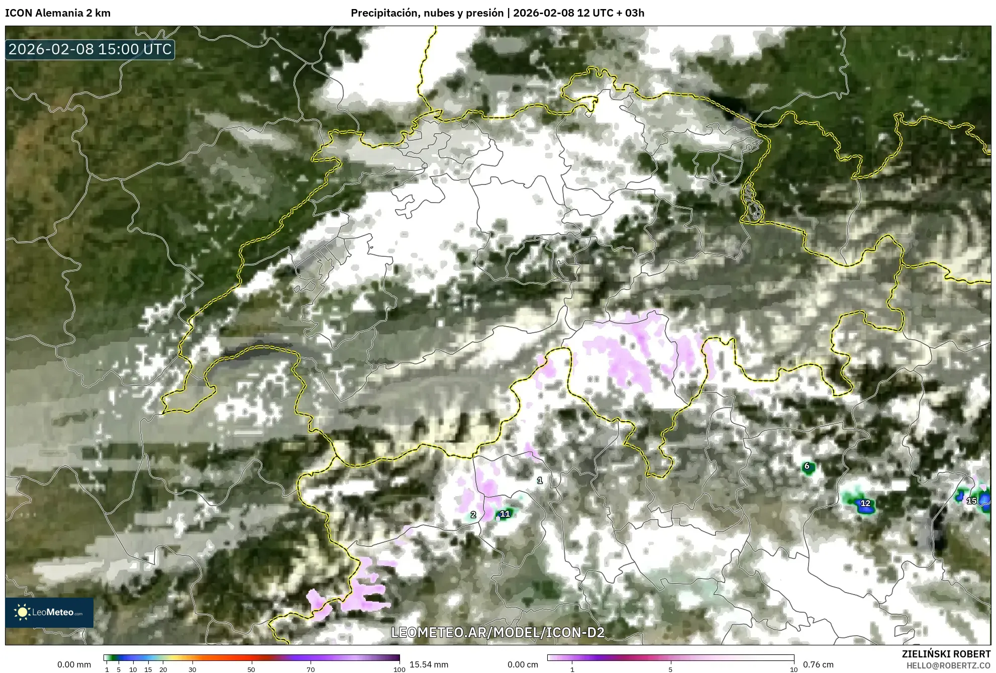 ICON Alemania 2 km model - Suiza, Precipitación, nubes y presión