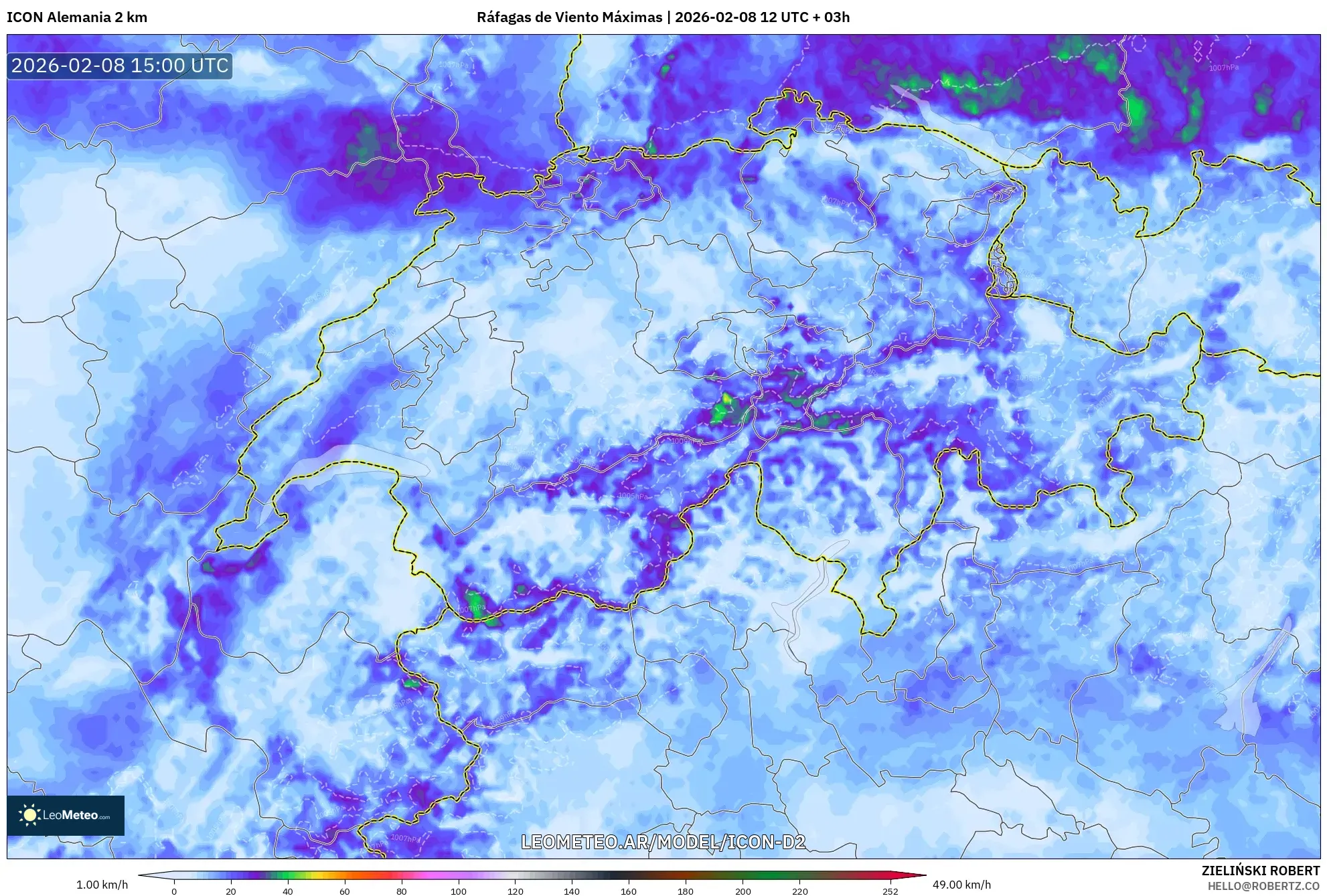 ICON Alemania 2 km model - Suiza, Ráfagas de Viento Máximas