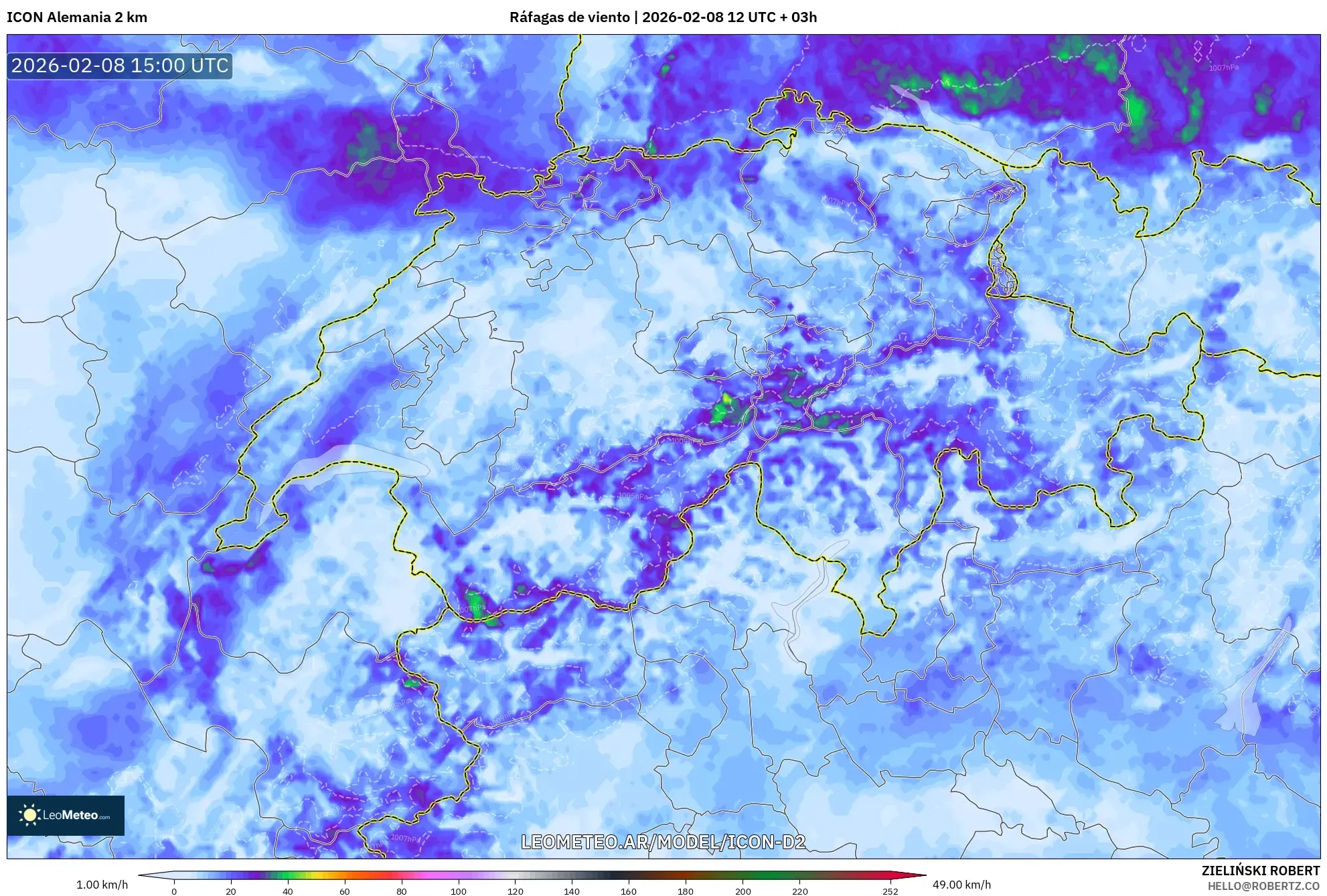 ICON Alemania 2 km model - Suiza, Ráfagas de viento
