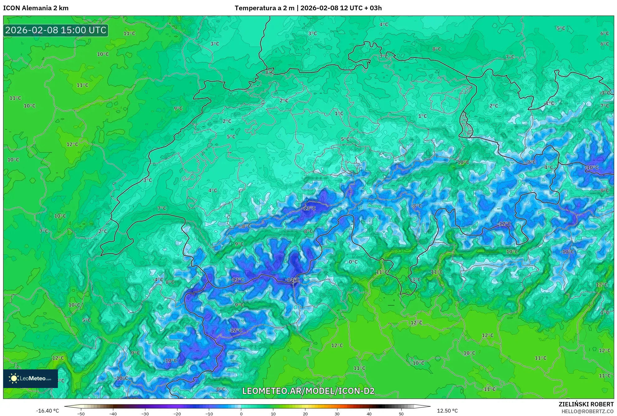 ICON Alemania 2 km model - Suiza, Temperatura a 2 m