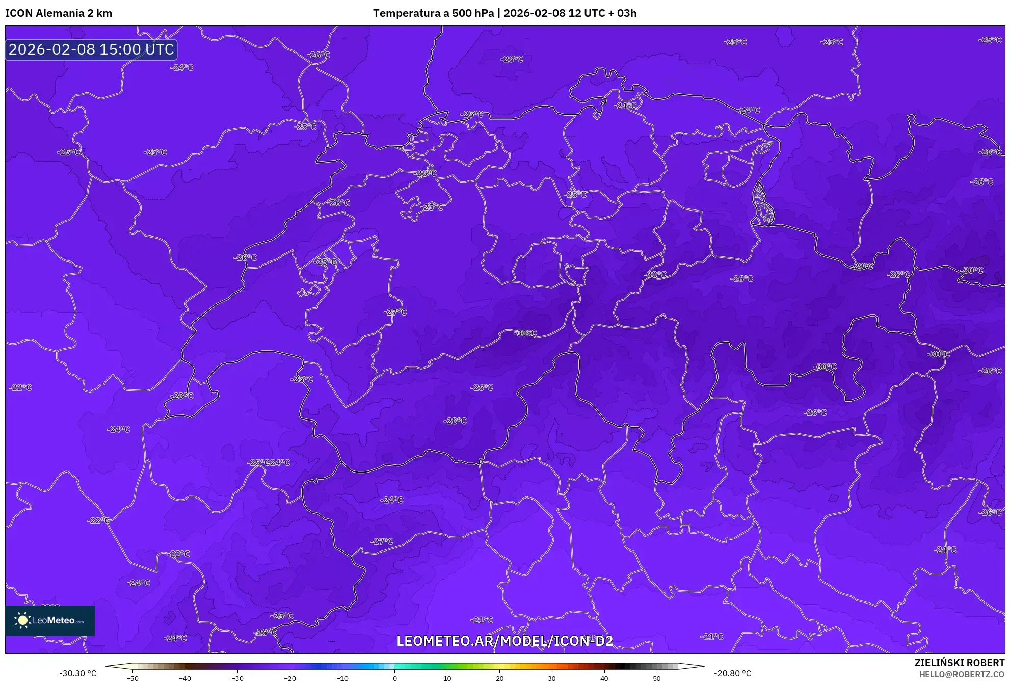 ICON Alemania 2 km model - Suiza, Temperatura a 500 hPa