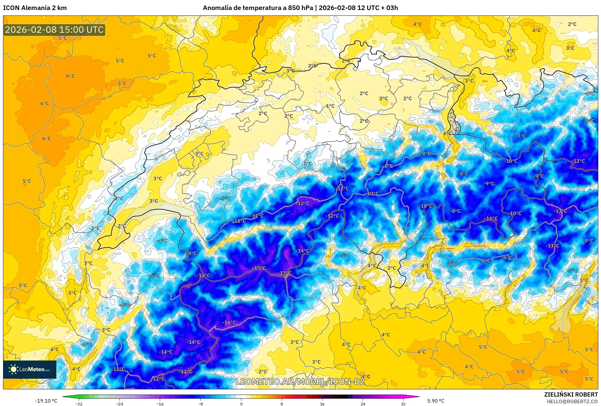 ICON Alemania 2 km model - Suiza, Anomalía de temperatura a 850 hPa