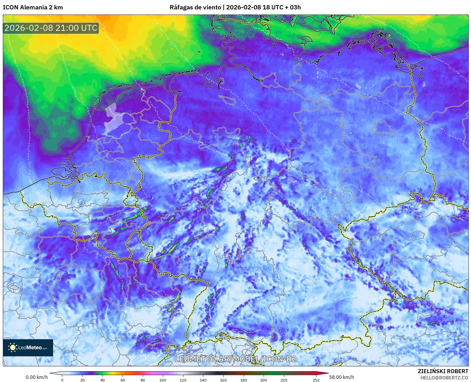 ICON Alemania 2 km model - Alemania, Ráfagas de viento