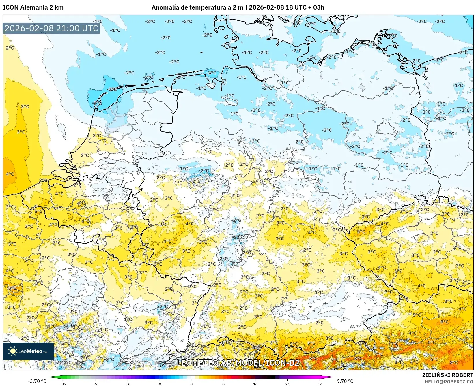 ICON Alemania 2 km model - Alemania, Anomalía de temperatura a 2 m