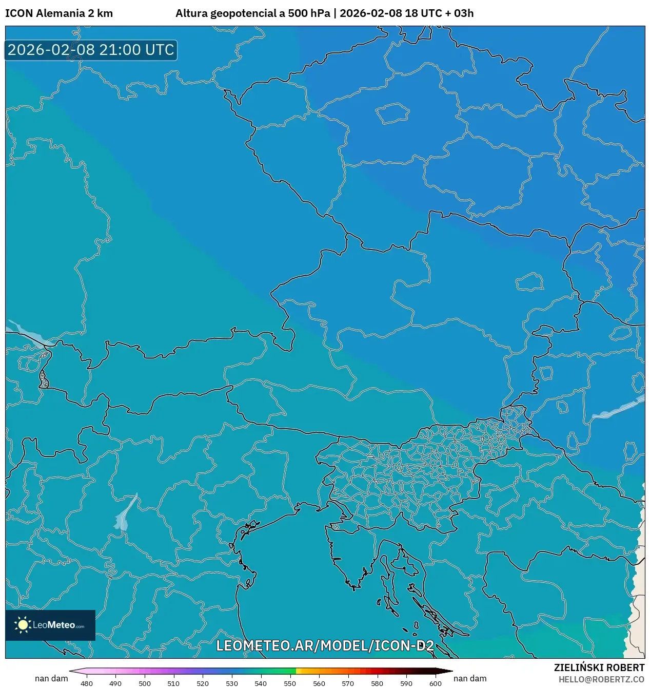ICON Alemania 2 km model - Austria, Altura geopotencial a 500 hPa