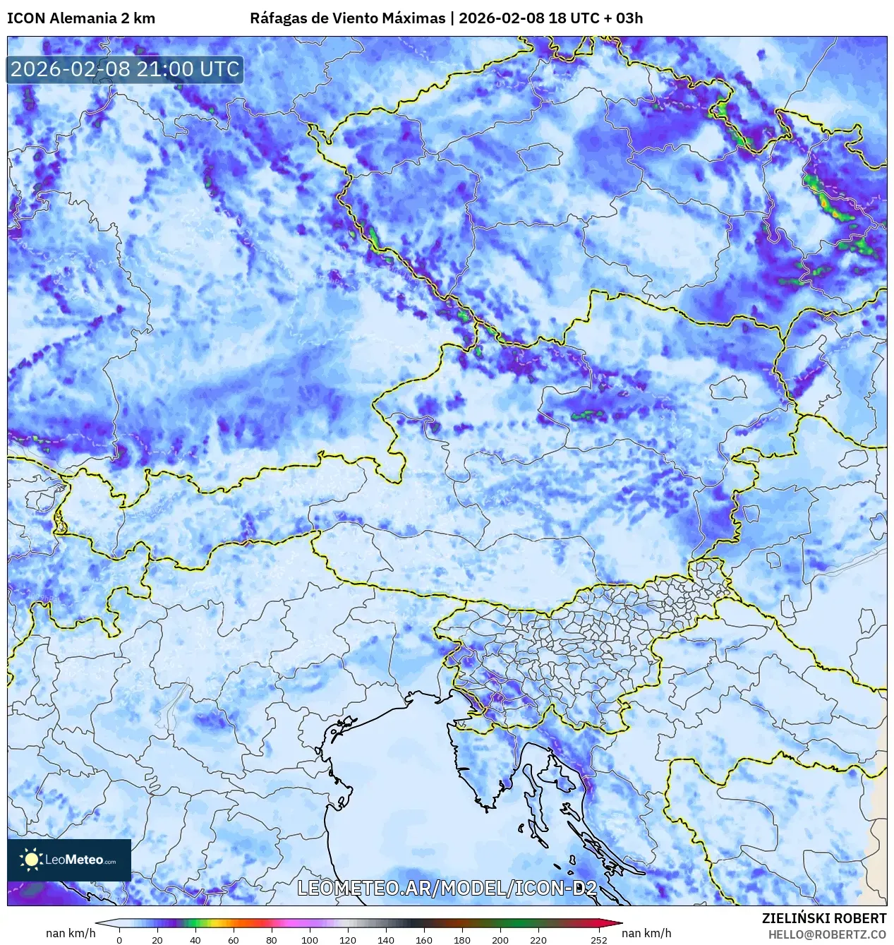 ICON Alemania 2 km model - Austria, Ráfagas de Viento Máximas
